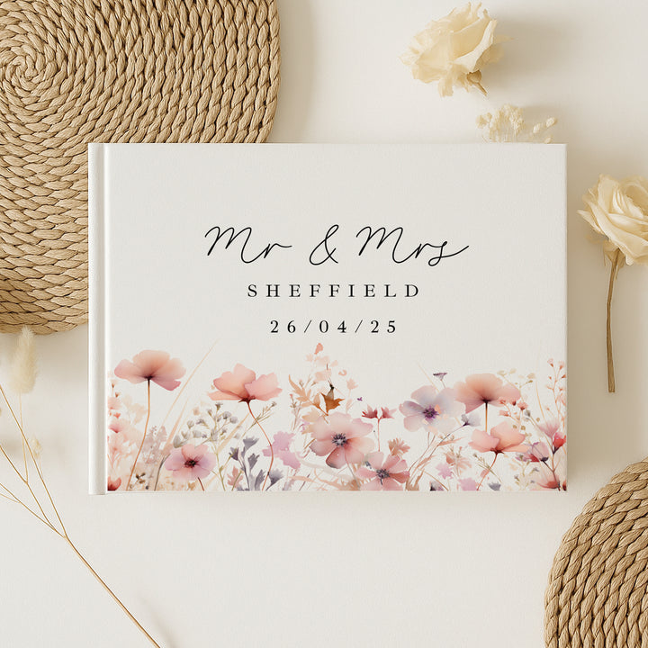 Personalised Pink Flowers Wedding Day Guest Book