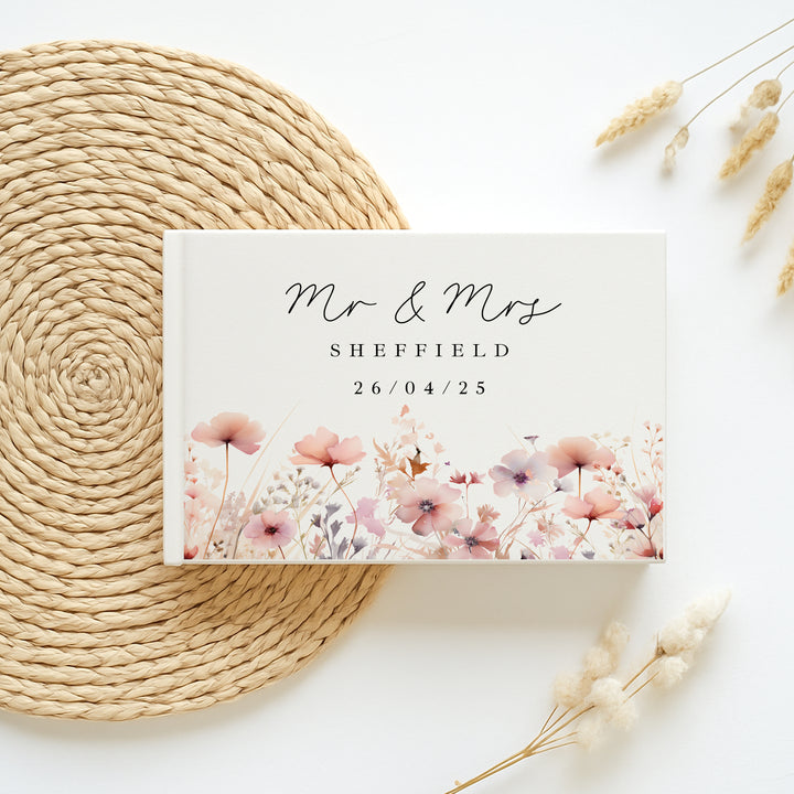 Personalised Pink Flowers Wedding Day Guest Book