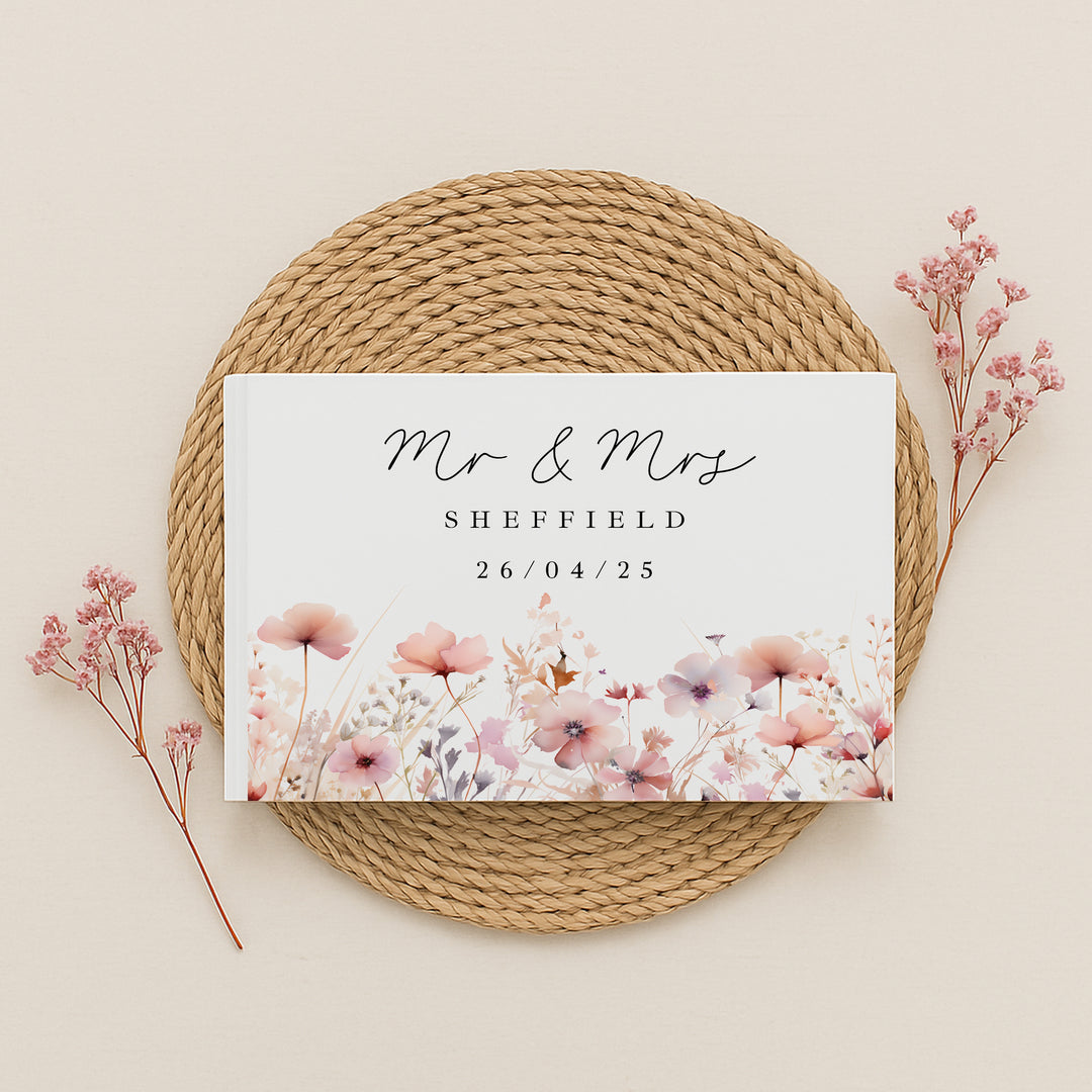 Personalised Pink Flowers Wedding Day Guest Book