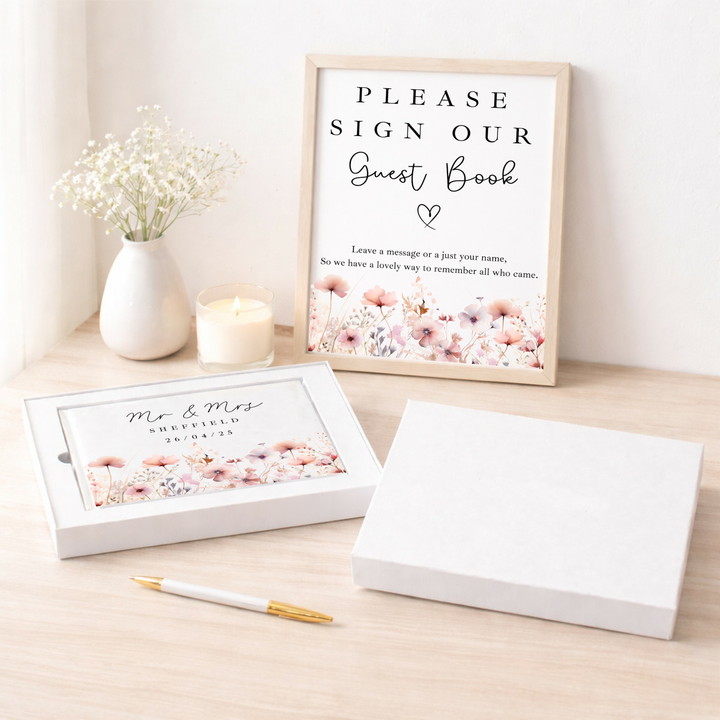 Personalised Pink Flowers Wedding Day Guest Book