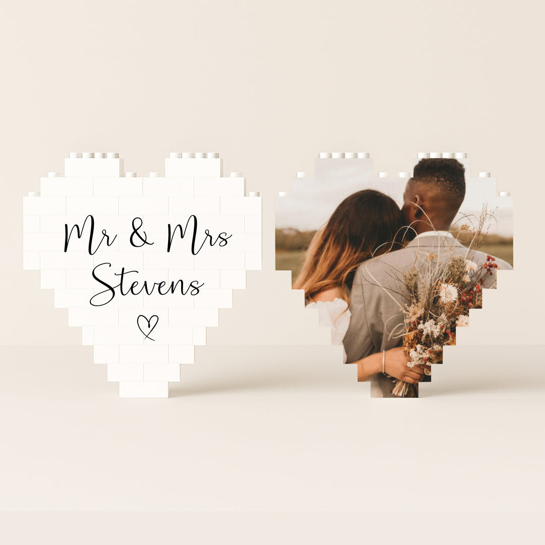 Personalised Wedding Photo Mr &amp; Mrs Heart Building Blocks