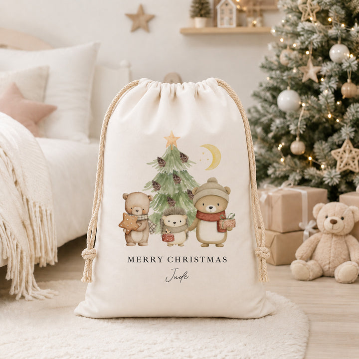 Personalised Merry Christmas Woodland Canvas Santa Sack