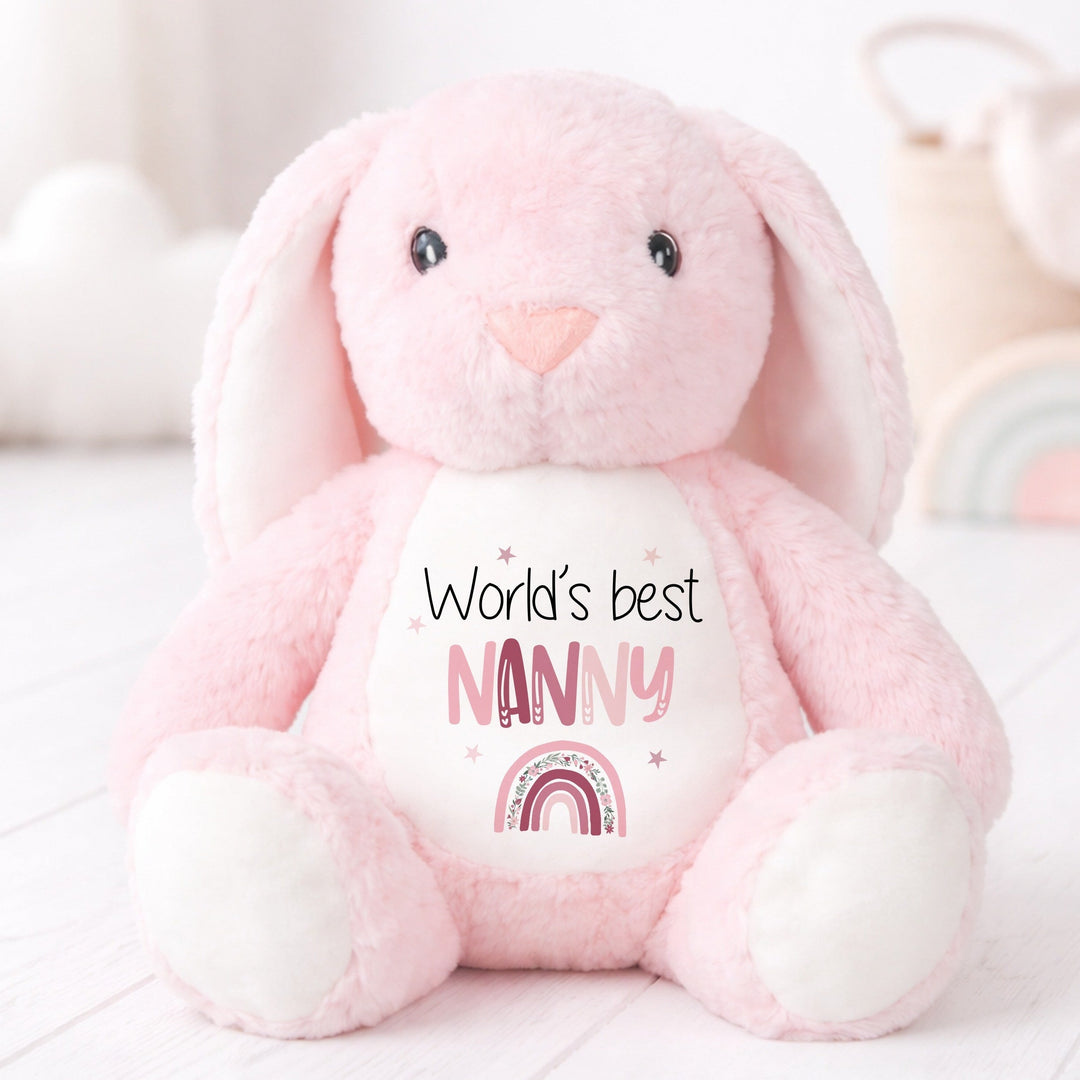 Personalised Pink Rainbow Worlds Best Nanny or Mummy Rabbit