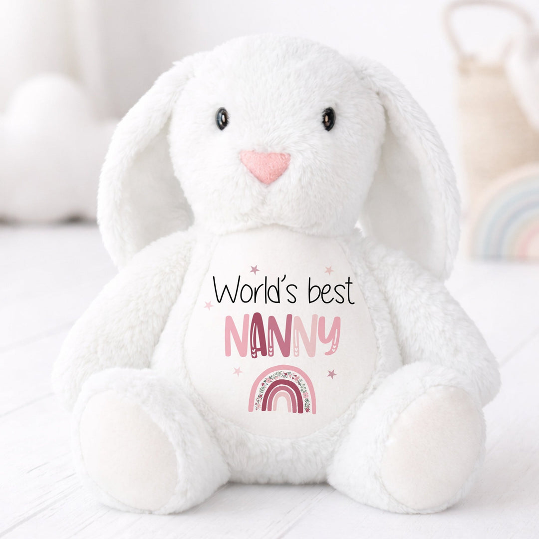Personalised Pink Rainbow Worlds Best Nanny or Mummy Rabbit