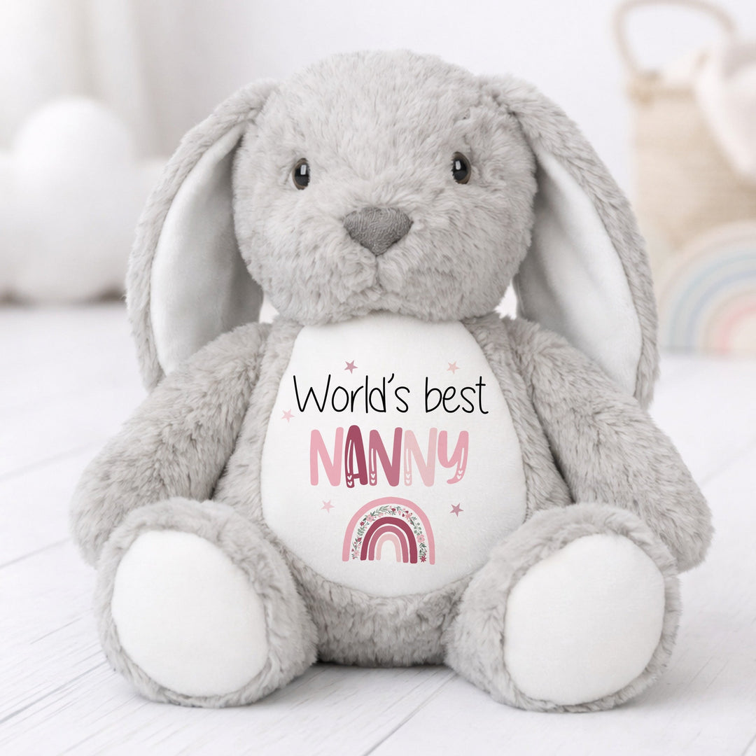 Personalised Pink Rainbow Worlds Best Nanny or Mummy Rabbit