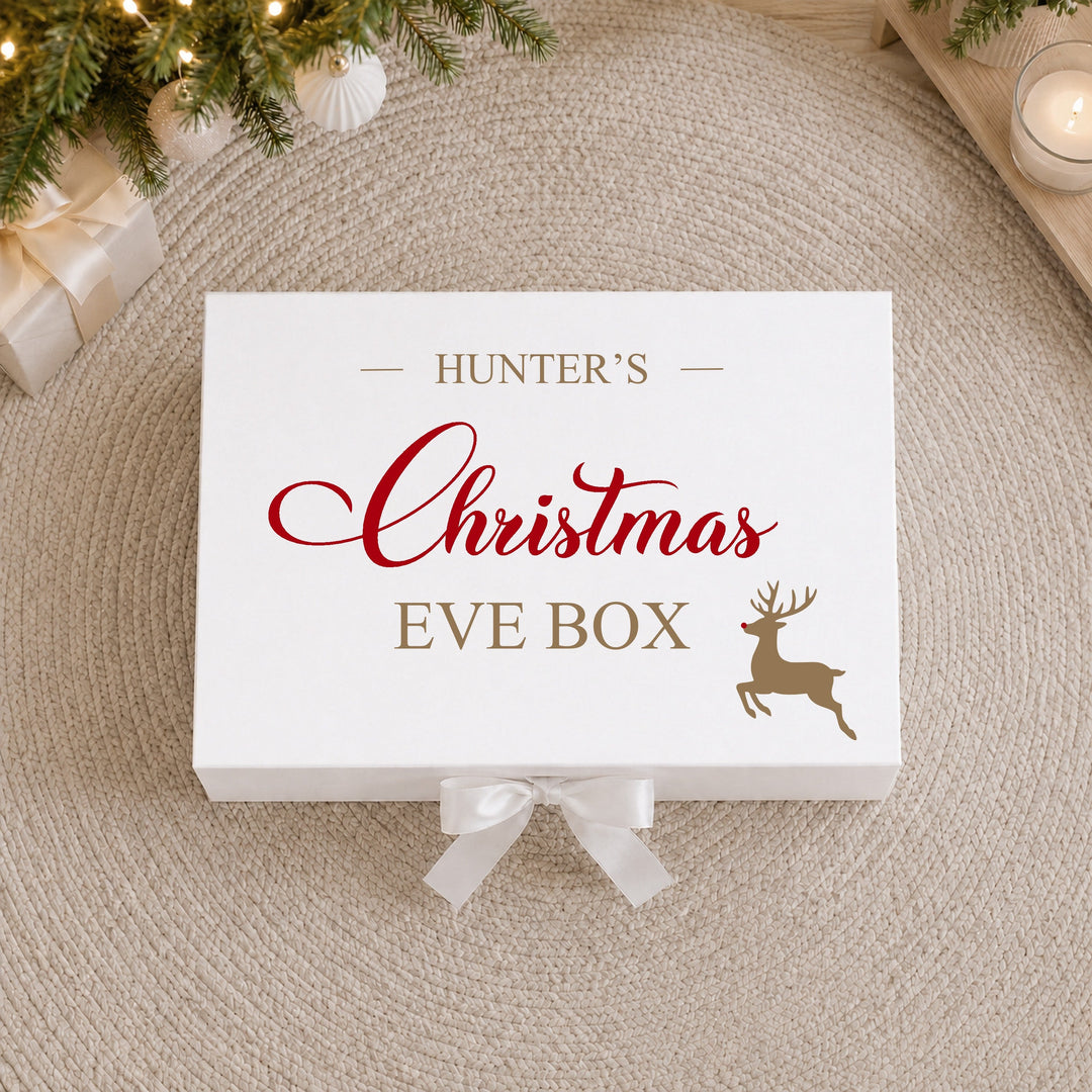 Personalised Gold and Red Reindeer Christmas Eve Box