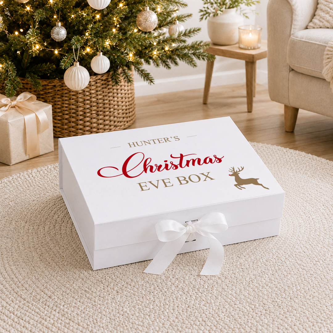 Personalised Gold and Red Reindeer Christmas Eve Box