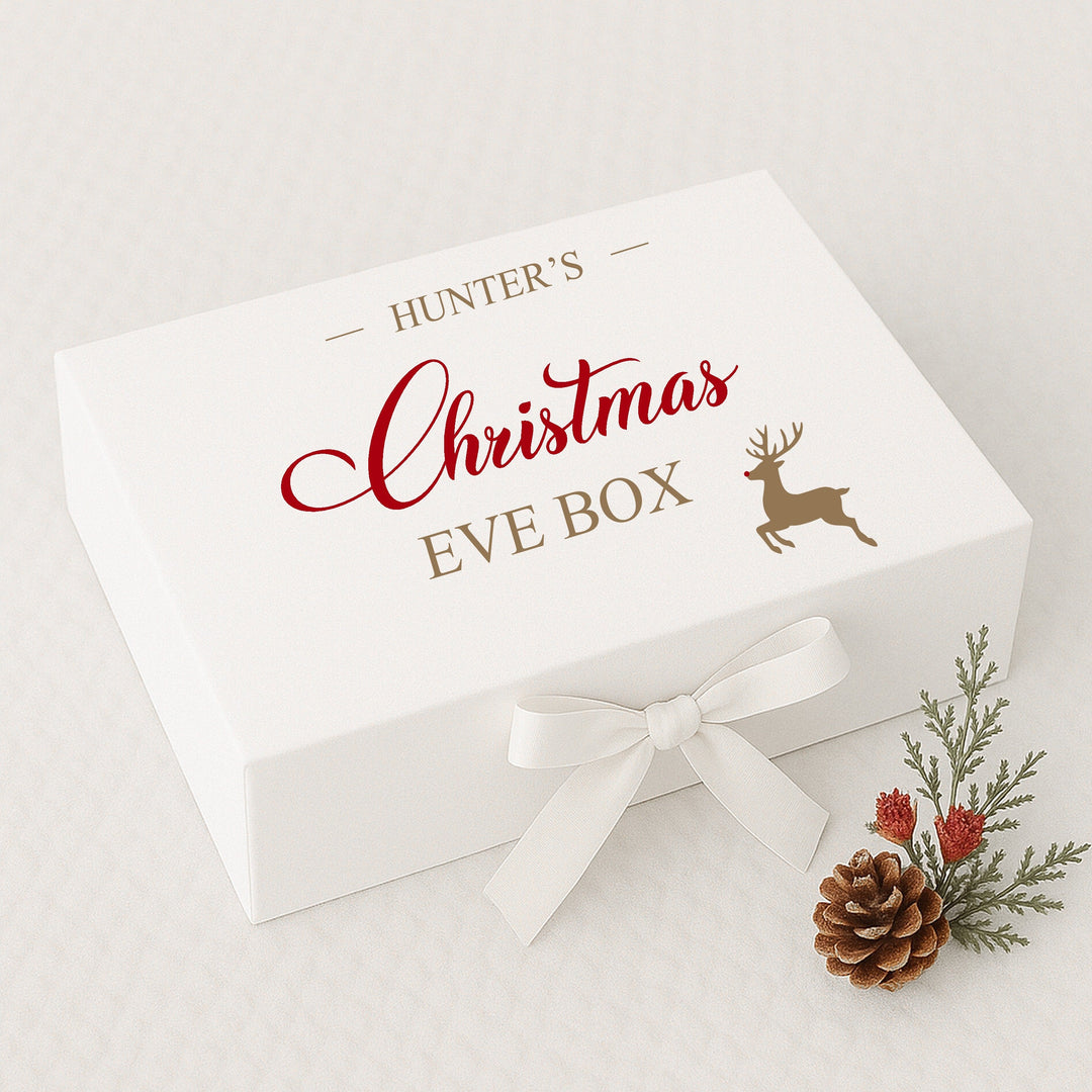 Personalised Gold and Red Reindeer Christmas Eve Box