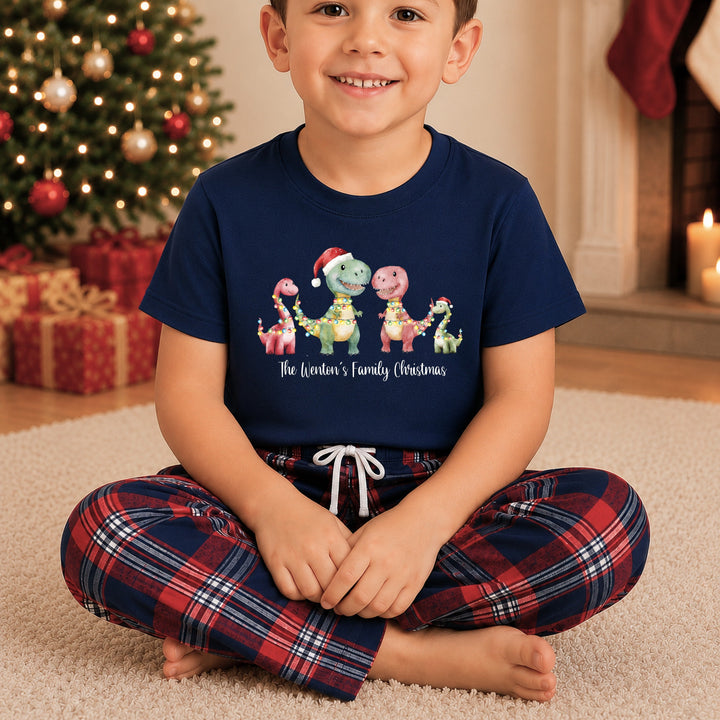 Personalised Family Matching Navy Dino Tartan Christmas Pyjamas