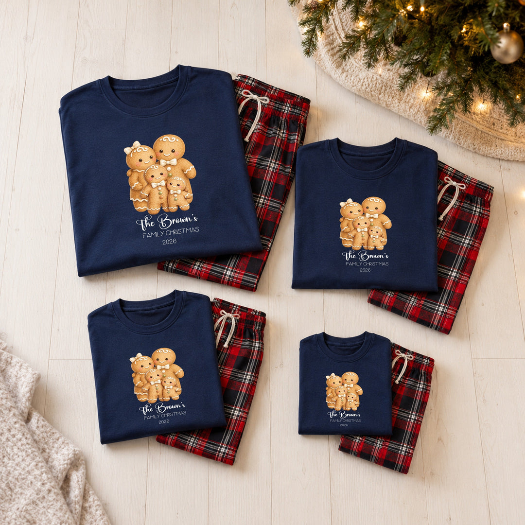 Personalised Gingerbread Family Matching Navy Tartan Christmas Pyjamas