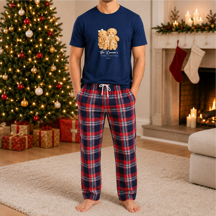 Personalised Gingerbread Family Matching Navy Tartan Christmas Pyjamas