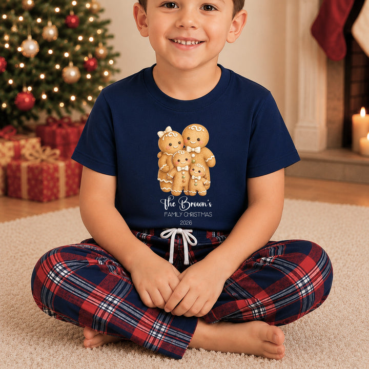 Personalised Gingerbread Family Matching Navy Tartan Christmas Pyjamas