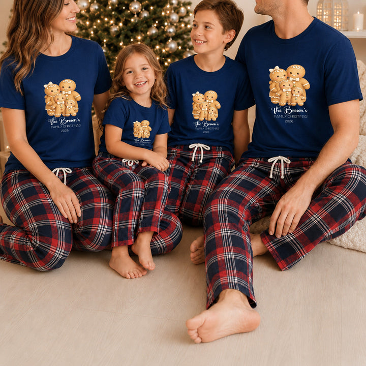 Personalised Gingerbread Family Matching Navy Tartan Christmas Pyjamas