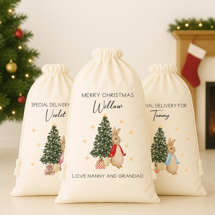 Personalised Merry Christmas Rabbit Canvas Santa Sack